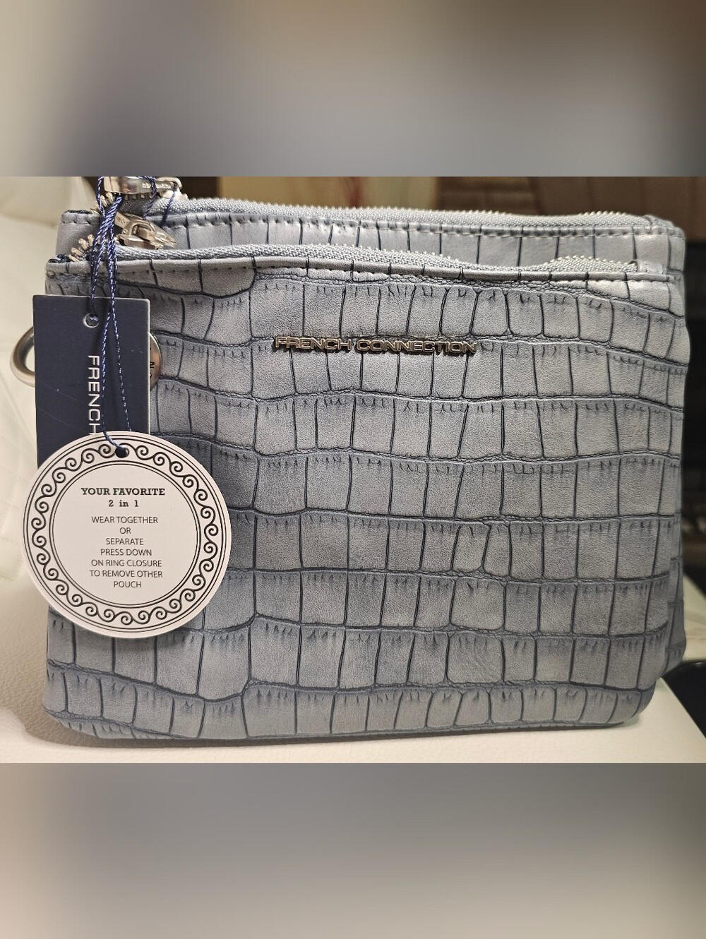 2 in 1 French Connection Light Blue Croc-Embossed Cosmetic Pouch